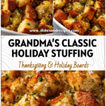 Golden bread stuffing in a casserole dish with herbs, a traditional stuffing recipe for Thanksgiving.
